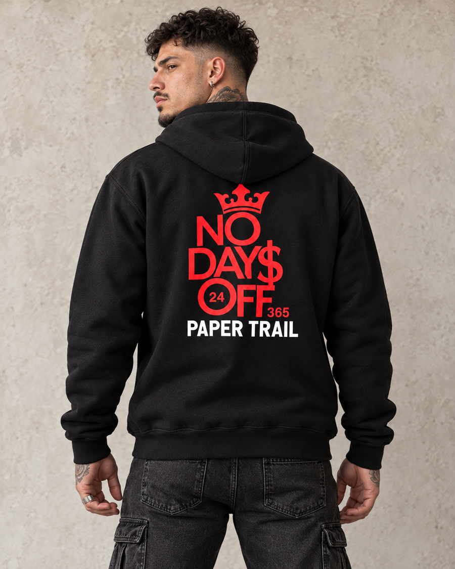 Model mockup — No Day$ Off Hoodie — back