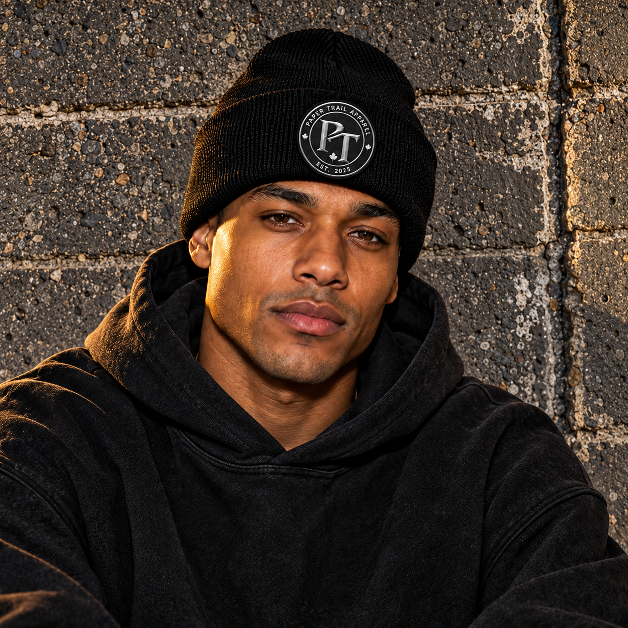 PT Crest Beanie editorial model preview.